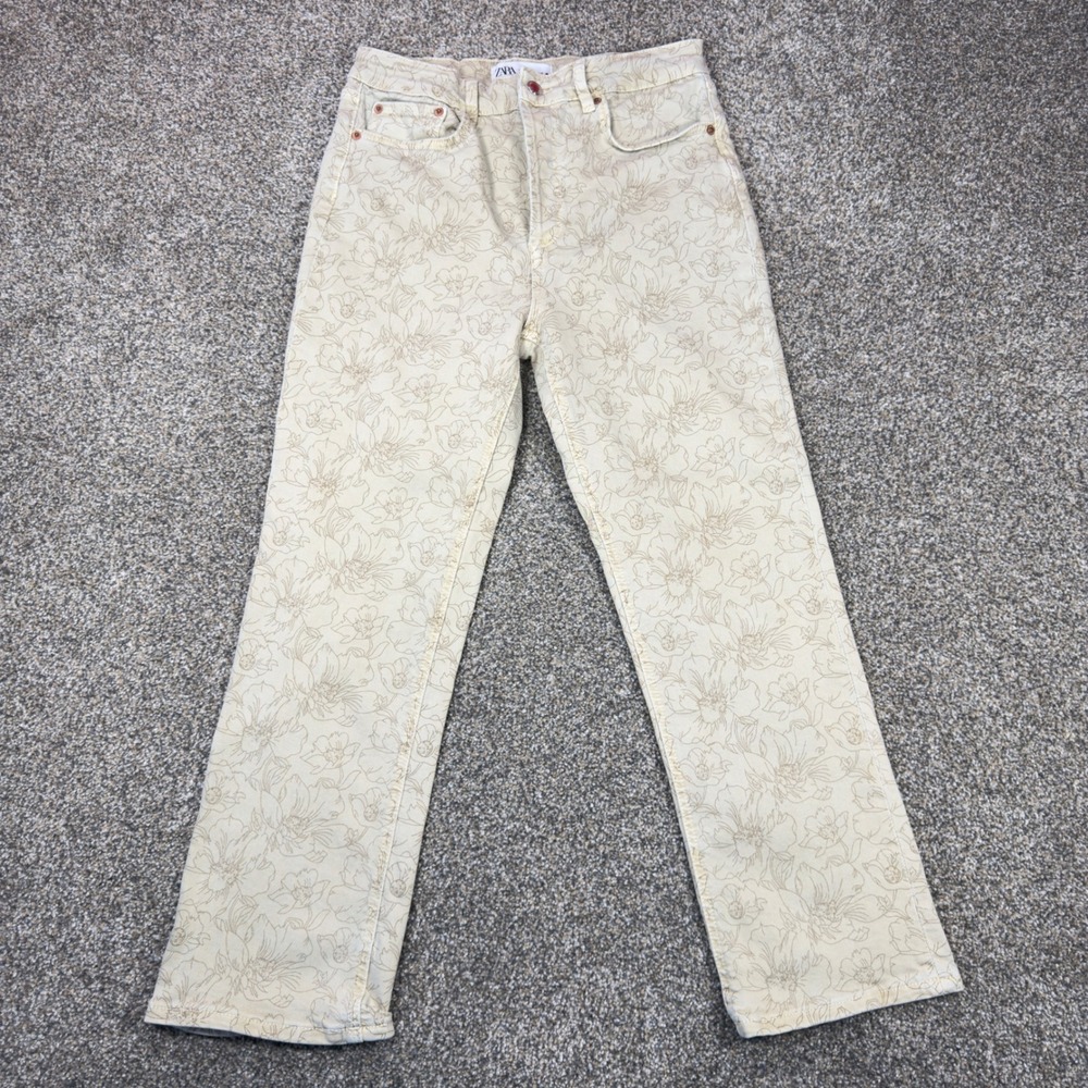 Zara The Dreed Flare Floral Print Jeans Cream Tan High Waist Button Fly Size 8